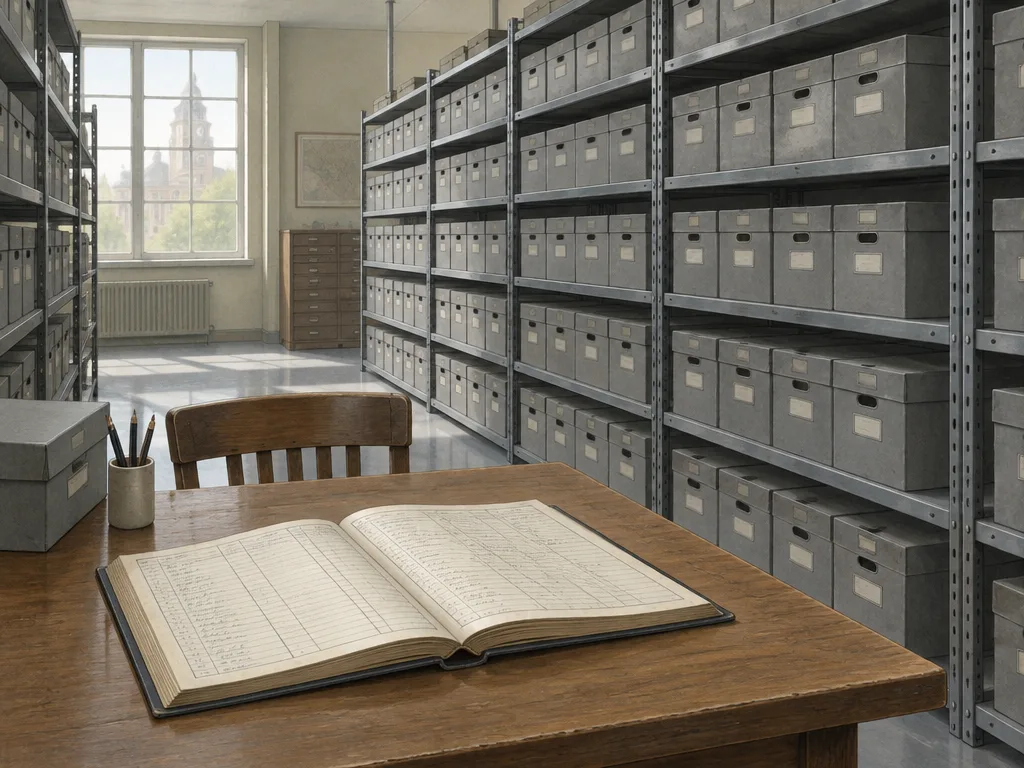Illustration: arkivhyllor med grå arkivboxar och en uppslagen registerbok på ett bord i ett arkivrum