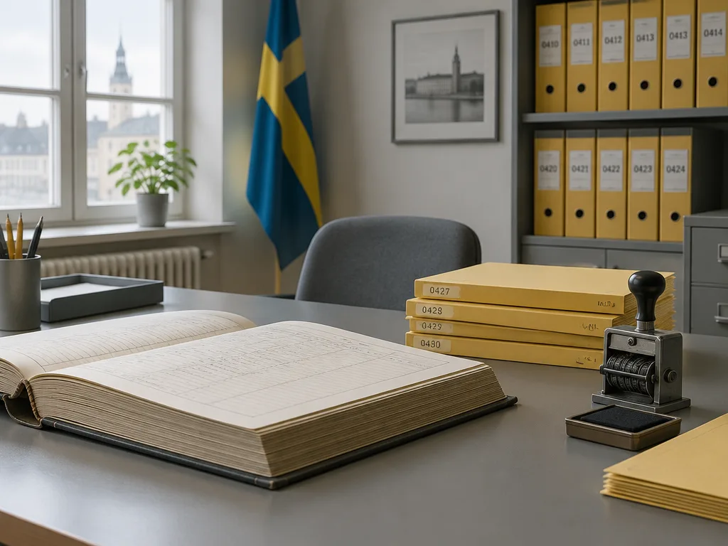 Illustration: ett uppslaget diarium, numrerade gula pärmar och en datumstämpel på ett skrivbord i en myndighetsmiljö