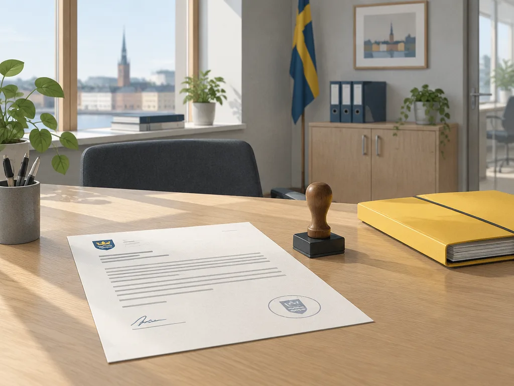 Illustration: ett beslutsbrev, en stämpel och en gul pärm på ett skrivbord i en myndighetsmiljö