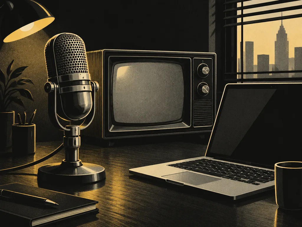 Illustration: en radiomikrofon, en gammal tv-apparat och en bärbar dator på ett mörkt skrivbord i gult lampljus
